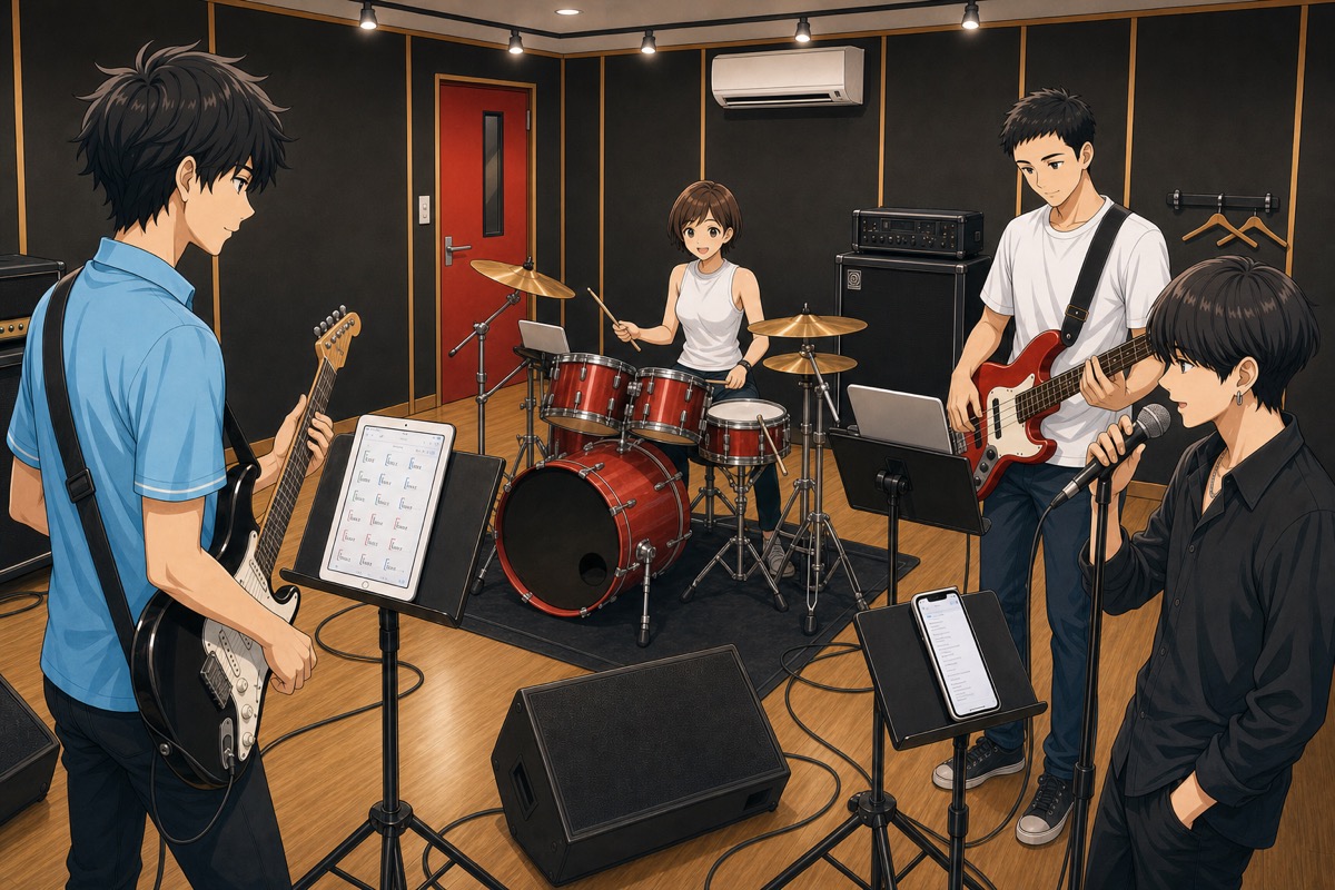 日本のリハーサルスタジオで、4人のバンドメンバーが PagePilot Viewer を開いて練習している挿絵