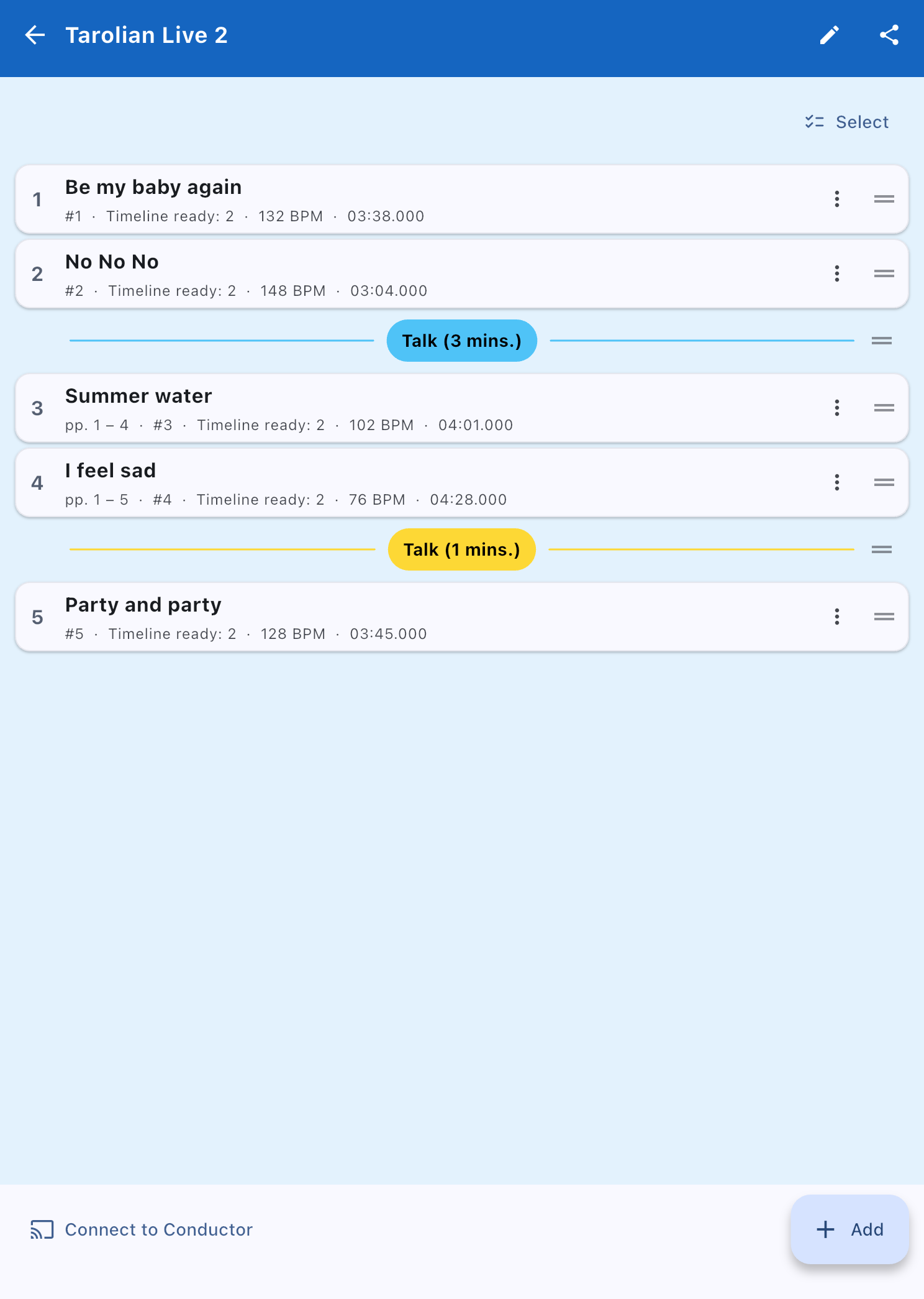 Tarolian Live 2 setlist in PagePilot Viewer